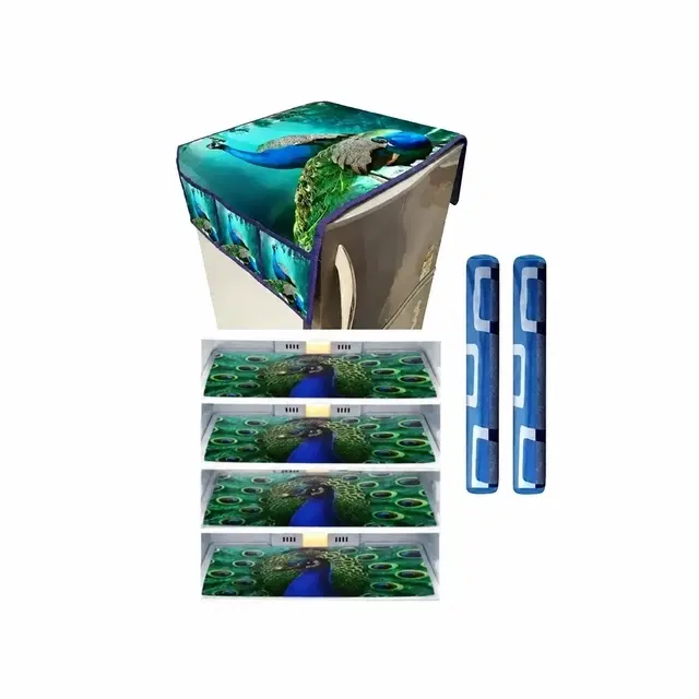 Knit 7 Pcs Fridge Cover [Blue, Set of 1] 4 Pcs Mat with 2 Pcs Handle & Top Cover