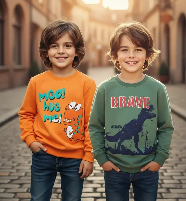 Round Neck Printed Wool Sweat Shirt For Boys, Multicolour (3-4 Years) ,Pack Of 2