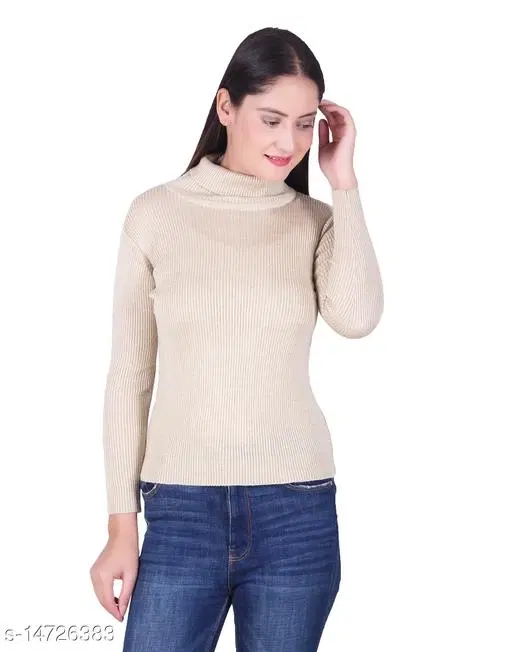 Hi-Neck Sweater for Women (Beige, L)