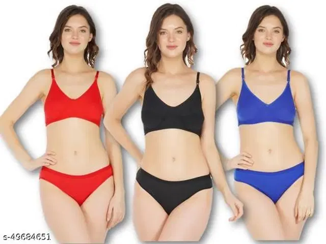 Cotton Blend Solid Lingerie Set for Women, Pack of 3 (Multicolor, 30A)