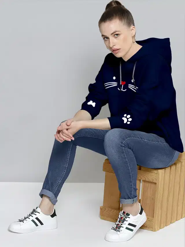 Full Sleeves Printed Hoodie for Women (Navy Blue, M)