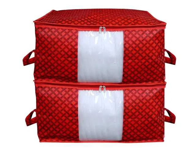 Check Print Underbed Storage Bag,Cloth Organiser,Blanket Cover With Transparent Window, Red, 46x33x23 cm, Pack Of 2, S-57