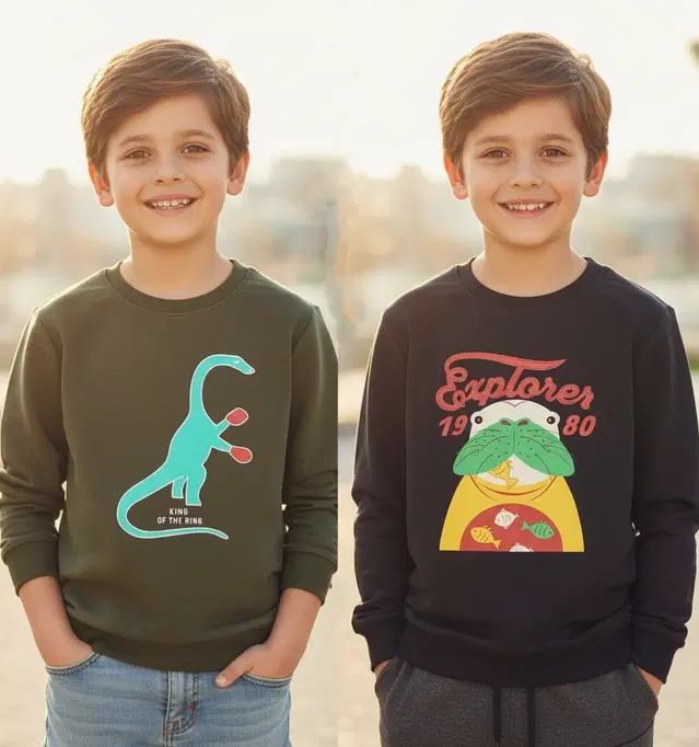 Round Neck Printed Wool Sweat Shirt For Boys, Multicolour (3-4 Years) ,Pack Of 2