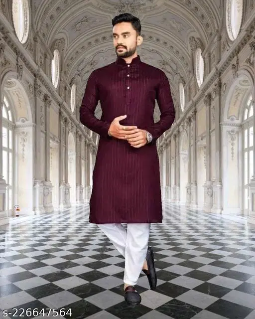 Mandarin Neck Kurta for Men (Maroon, XL)