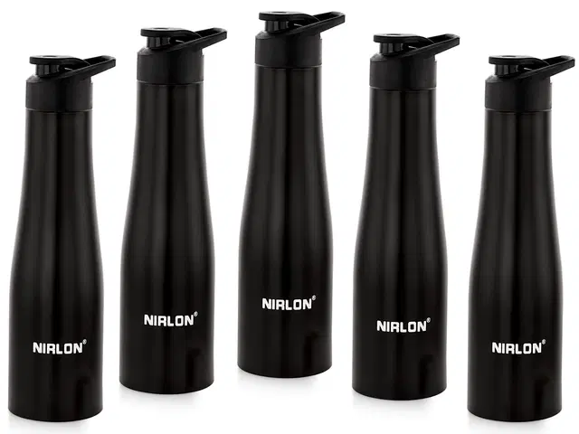 Nirlon Tall Bell Single Wall Stainless Steel Water Bottle 1000Ml, Water Bottles For Fridge, School,Gym,Home,Office,Boys, Girls, Kids, Leak Proof(Black Colour|Sipper Cap|Set Of 5)