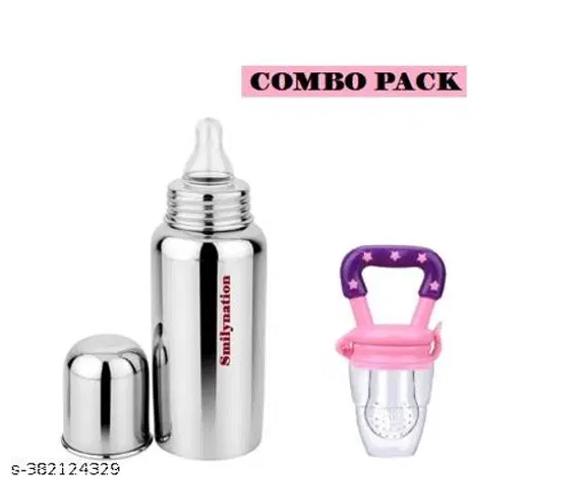 Stainless Steel Milk Bottle, 250 ml with Fruit Feeder for Baby, Multicolor, Set of 2