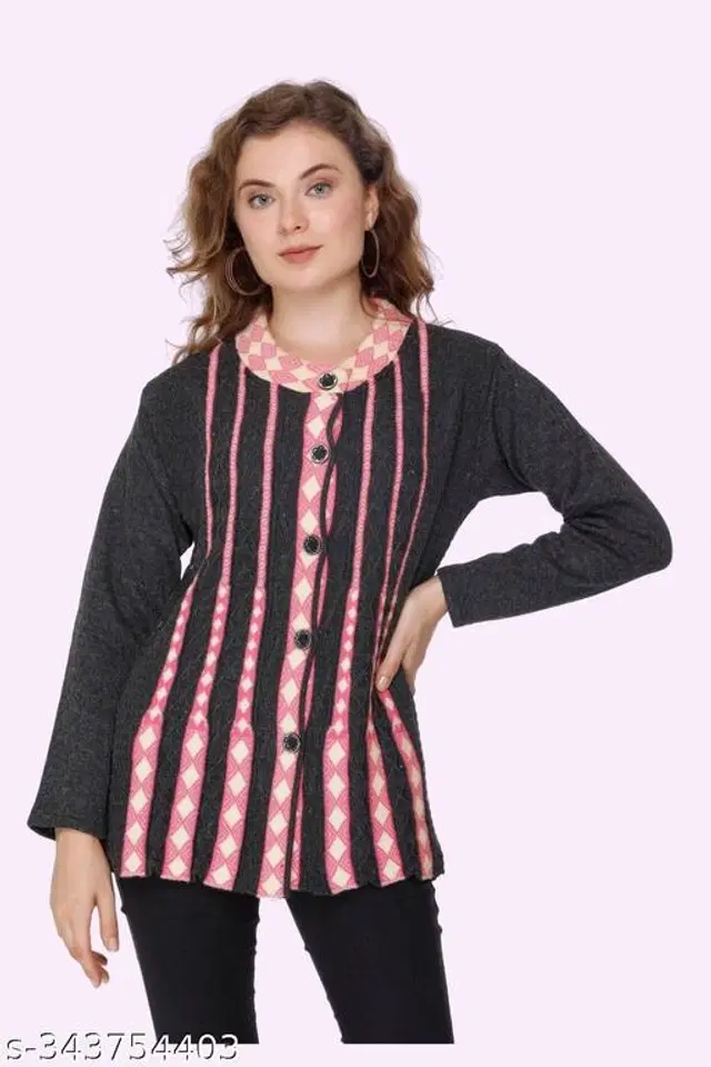 Woolen Sweaters for Women (Black & Pink, M)