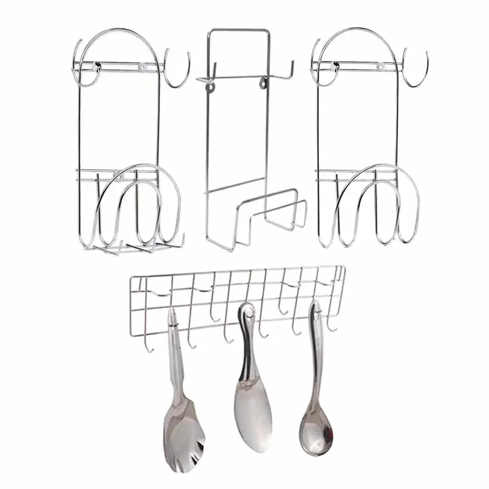 Oc9 Stainless Steel Chakla Belan Stand & Wall Mounted Ladle Hook Rail For Kitchen, Pack Of 3