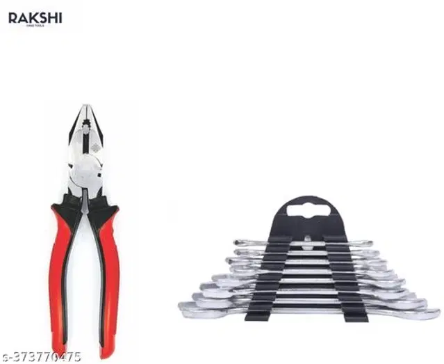 Combination Wrench Hand Tool Set, 8 Pcs with Cutting Plier, Silver & Red, Set of 2
