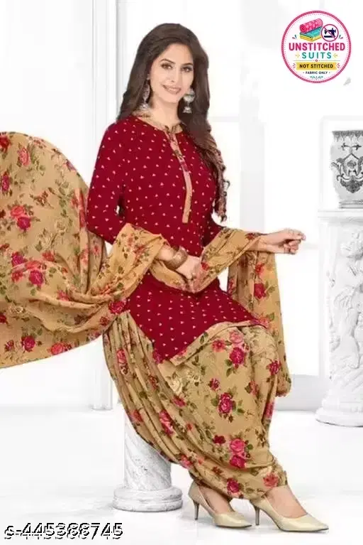 Floral Print Unstitched Suit Fabric for Women & Girls, Maroon & Beige