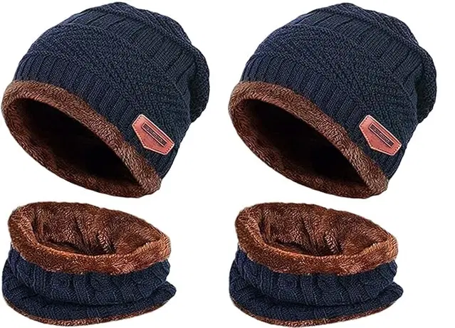Woolen Cap with Neck Warmer for Men & Women, Pack of 2 (Black)