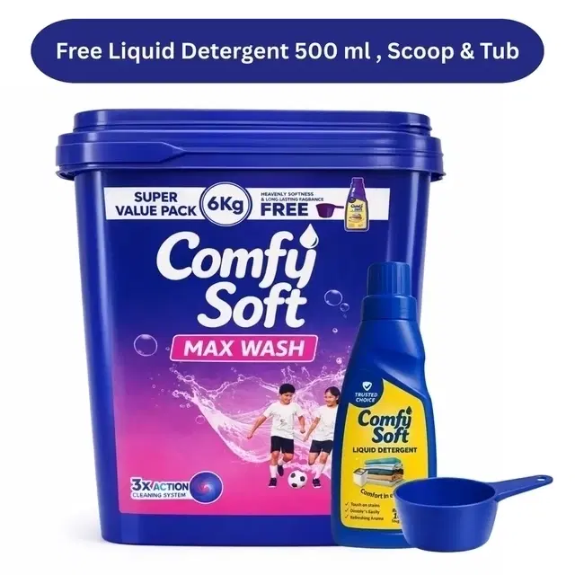 Comfy Soft Max Wash Detergent Powder 6 Kg ( Free Liquid Detergent 500 ml, Scup & Tub)