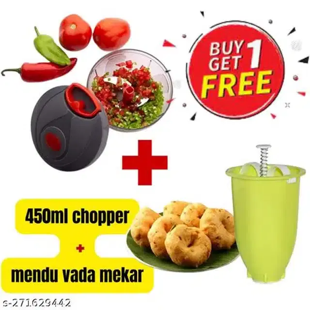 Plastic Manual Vegetables Chopper, 450 ml with Medu Vada Maker, Multicolor, Set of 2