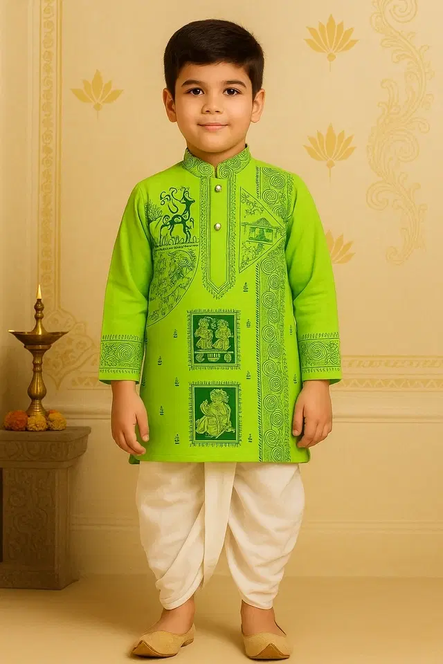 Cotton Printed Kurta with Dhoti for Boys, Green & White (0-6 Months)