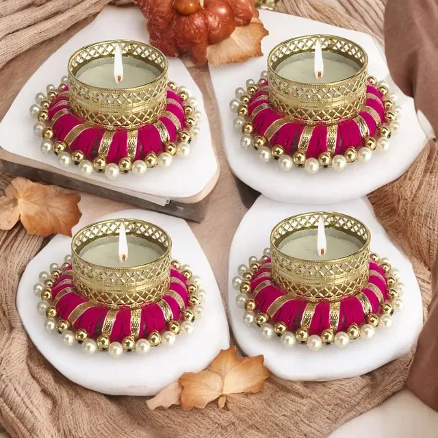 Metal Designer Tealight Candle Holder, Pink, 7.8x7.8x3 cm, Pack of 4