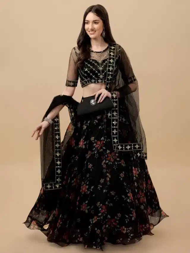 Net Embroidred Semi Stiched Lehenga Choli for Women (Black)