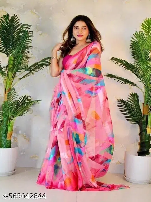 Georgette Printed Saree for Women, Pink (6.3 M)