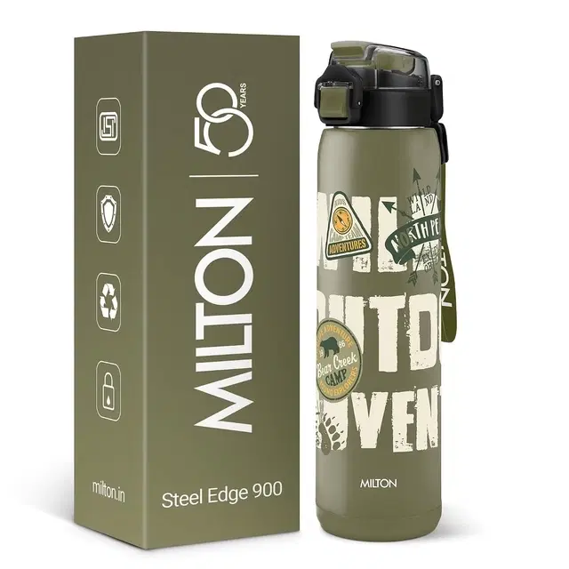 Milton Steel Edge 900 Thermoware Water Bottle 600 ml With One Touch Safety Lock & Twin Lid Sip Or Gulp,Long Hours Hot & Cold,Leak Proof,ISI Certified,Vacuum Insulated,Office,Gym,School, Assorted