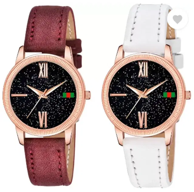 Leather Strap Analog Watch for Women & Girls, Pack of 2 (Multicolor)