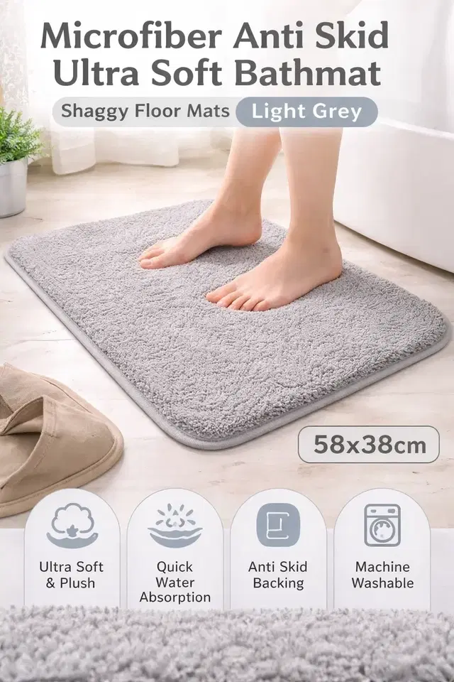 Microfiber Anti Skid Ultra Soft Bathmat and Shaggy Floor Mats Light Grey 58*38CM