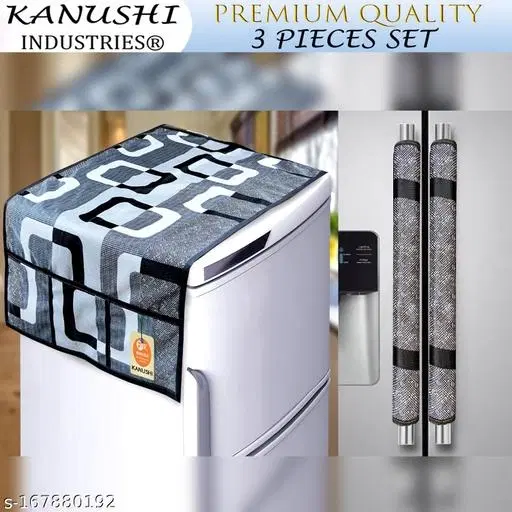 KANUSHI Industries® 1Pc Fridge Cover for Top with 6 Utility Pockets + 2 Fridge Handle Cover (FRI-BLACK-BOX+2-HANDLE)