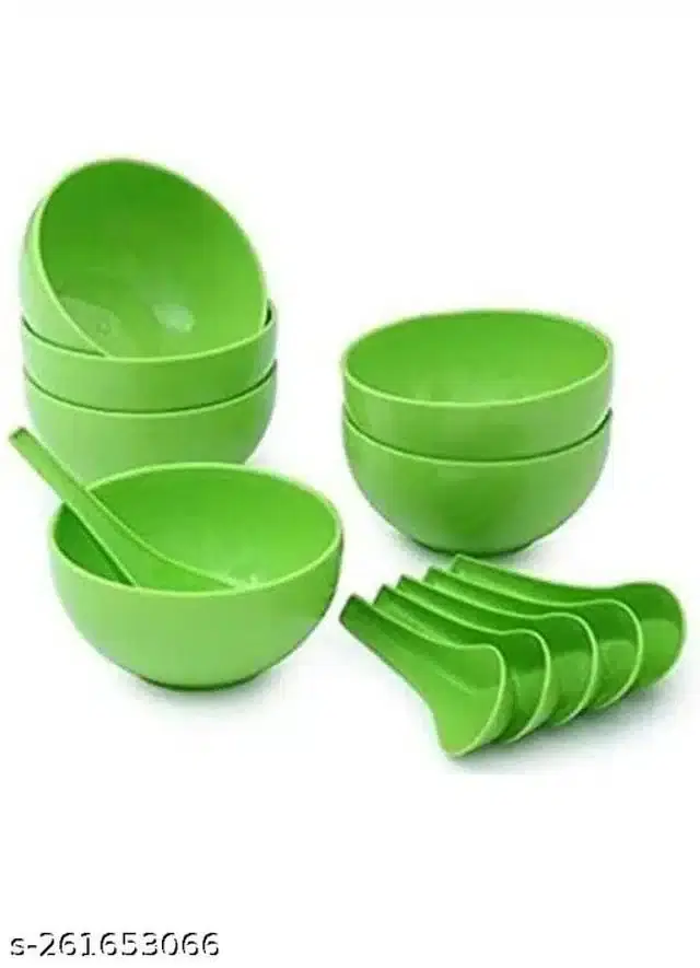 Plastic 6 Pcs Bowls with 6 Pcs Spoons, Green, Set of 2