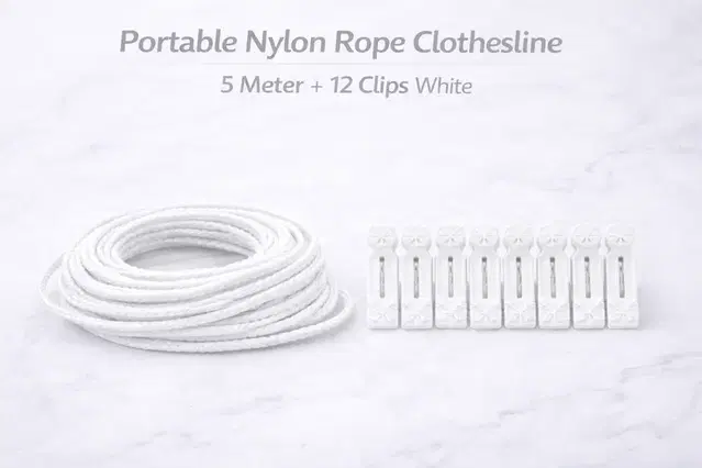 Portable Nylon Rope Clothesline 5 Meter + 12 Clips White