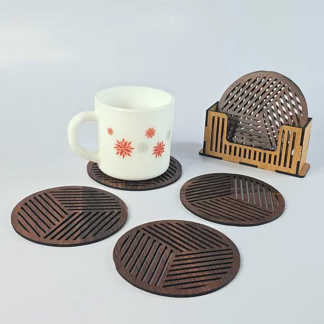 MDF Wooden 6 Pcs Coasters with Stand, Brown, Set of 1
