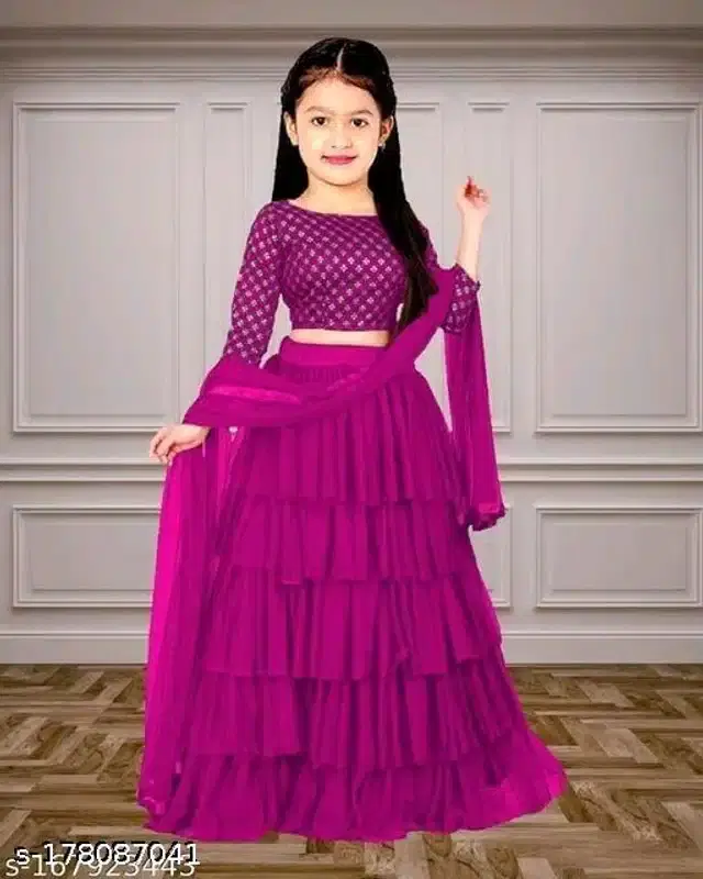 Satin Lehenga Choli With Dupatta for Girls (Purple, 4-5 Years)