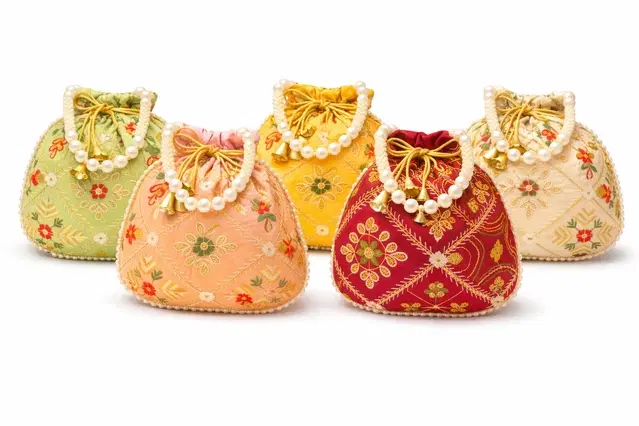 Handcrafted Embroidered Silk Potli Bag, Multicolour, Pack of 5