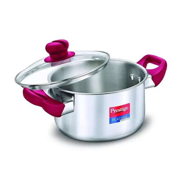 Prestige Platina Popular Stainless Steel Gas And Induction Compatible Casserole With Glass Lid, 240 Mm, 5.5 L