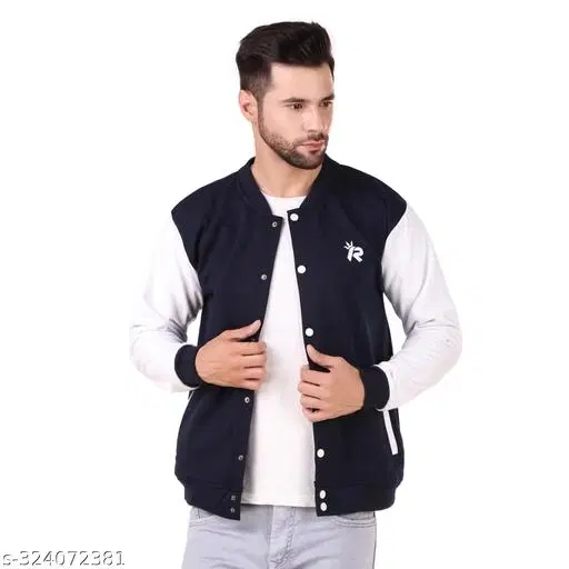 Fleece Solid Jackets for Men (Navy Blue & White, M)