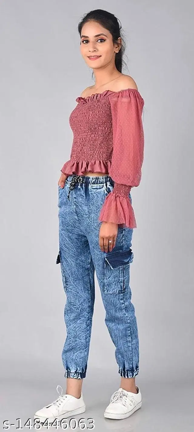 Denim Cargo Jeans for Girls (Sky Blue, 13-14 Years)