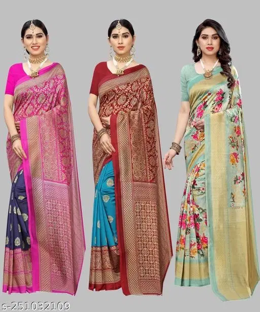 Art Silk Festive Saree for Women, Pack of 3 (Multicolor, Free Size)