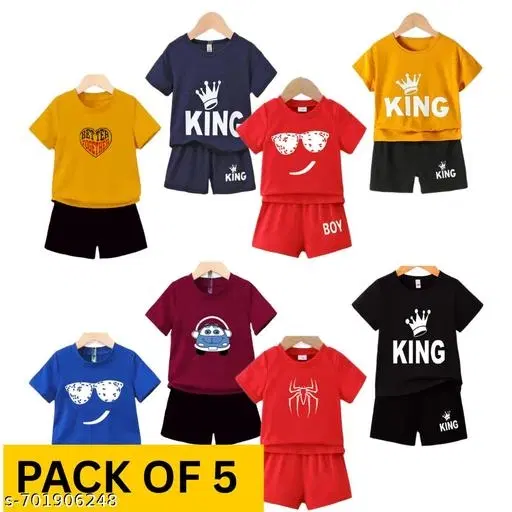 Cotton Blend Printed Clothing Set for Boys, Multicolour, Pack Of 5 (3-6 Months)