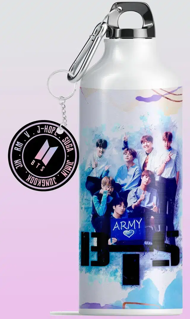 BTS Army BTS Logo Aluminium Printed Sipper Bottle with Keychain, Pack of 2, Multicolor, 350 ml, Gt-342