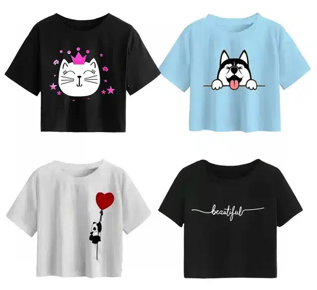 Cotton Printed Crop Tops for Girls, Pack of 4 (Multicolor, 14-15 Years)