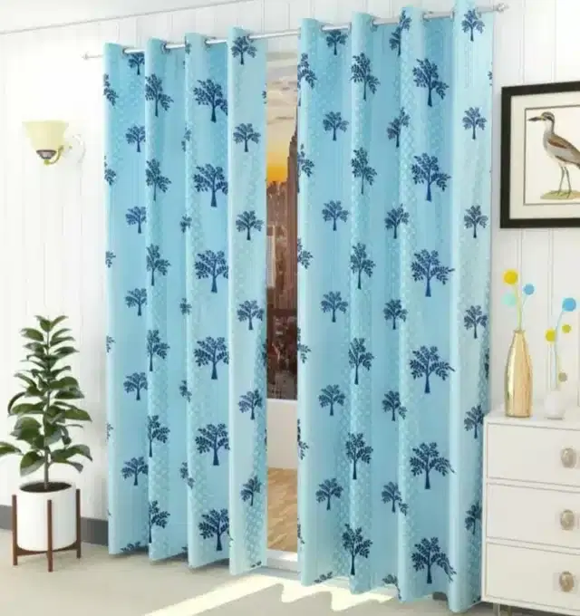 Polyester Printed Window & Door Curtains, Pack of 2, Navy Blue, 5 feet