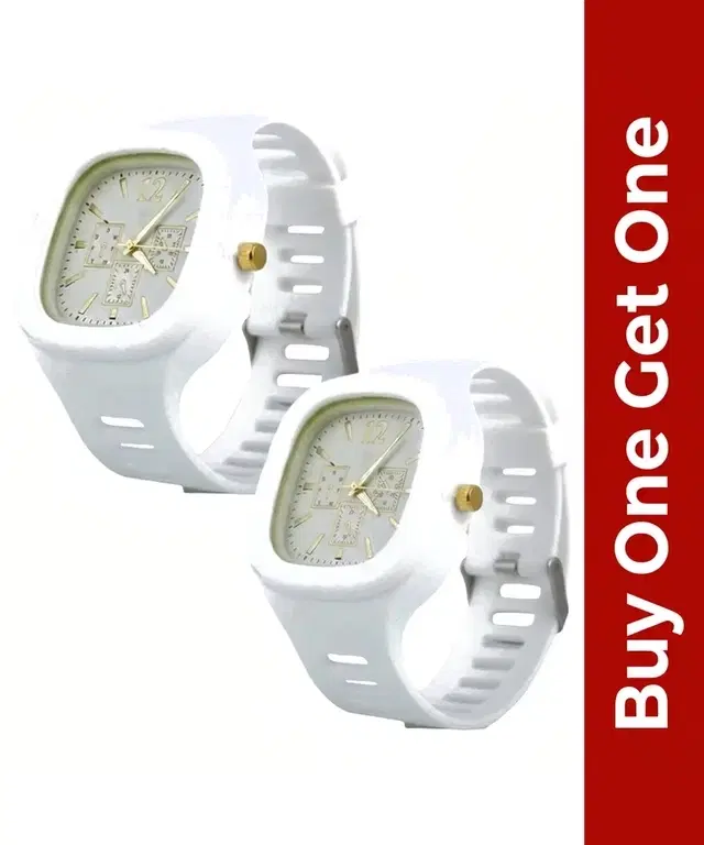 Square Dial Analog Watch for Kids, White, Buy 1 Get 1
