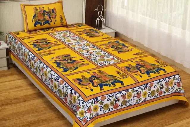 Jaipuri Cotton Single Bedsheet 60x90in Yellow