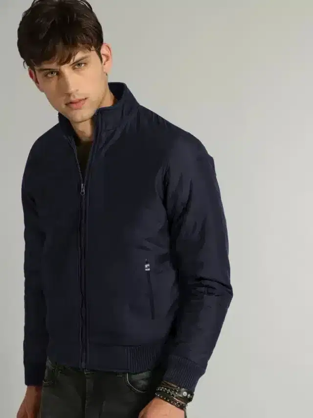 Polyester Solid Bomber Jacket for Men (Navy Blue, M)