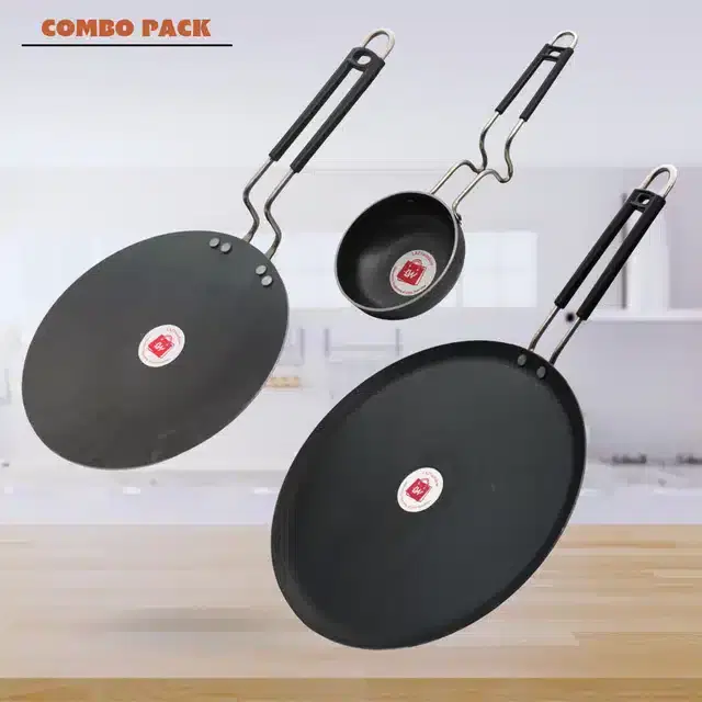 Frying Pan & Tawa Set, Pack of 3, Black, 200 ml