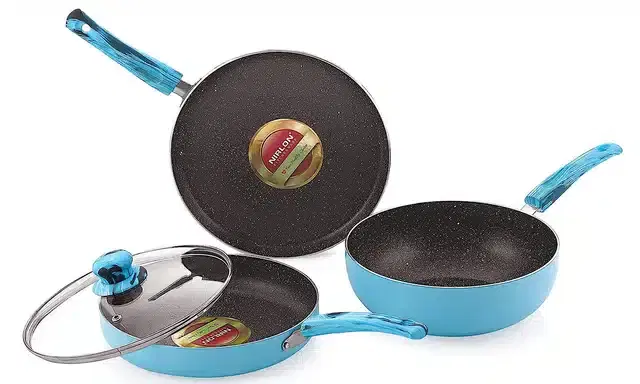 Aluminium Non Stick Tawa, Sauce Pan & Kadahi with Lid, Blue, Set of 3