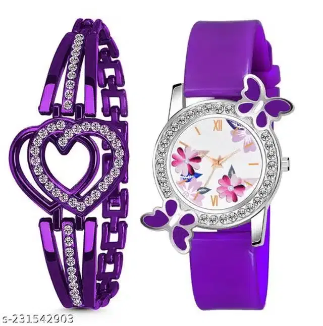 Analog Watch with Bracelet for Women, Set of 2 (Multicolor)