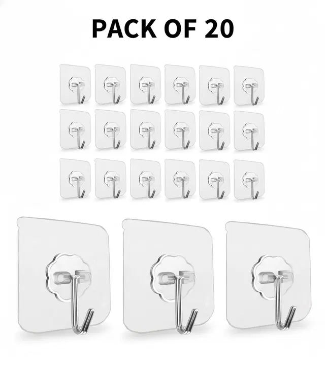 Plastic Wall Hooks, Transparent (Pack of 20)