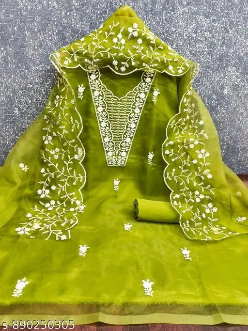 Organza Embroidered Green Jaipuri Designs Suits for Women (Green, Un Stitched)