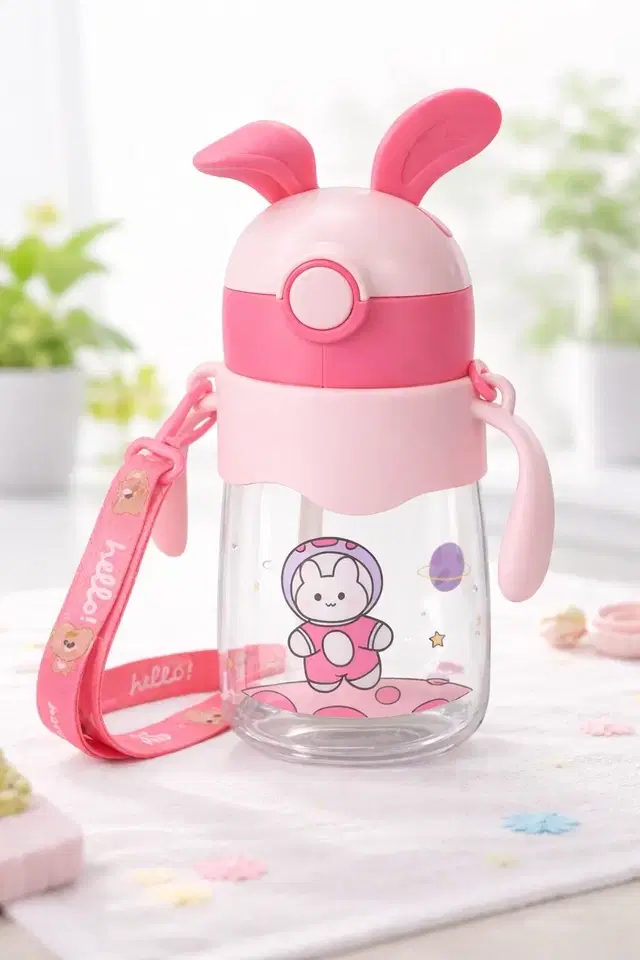 Bunny Anti-Leak BPA-Free Spill Proof Cap Closure (350ML) Kids Water Bottle Sipper And Strap for School Home and outdoor use - Pink