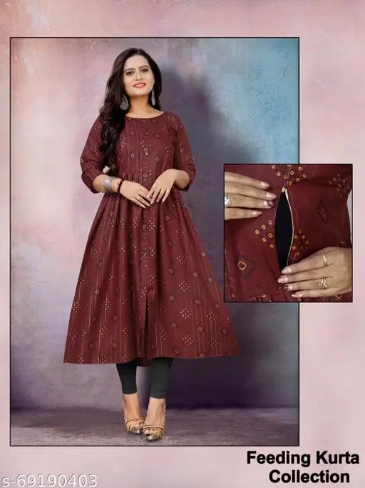 Printed Maternity Kurti for Women (Maroon, M)