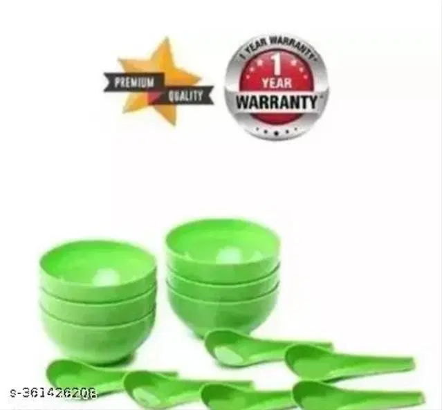 Plastic Bowls, 6 Pcs with 6 Pcs Spoons, Green, Set of 2