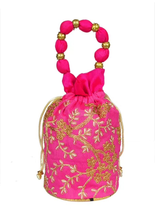 Silk Floral Ethnic Rajasthani Traditional Work Potli with Handle for Return Gifts, Pink